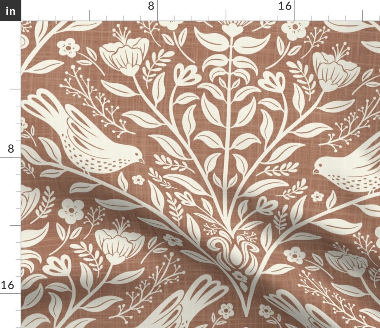 Whimsical Cottagecore Botanical Birds Crosshatch Floral Leaves Foliage Traditional Flowers Garden Brown Neutral Monochromatic Cozy Home Folk Custom Printed Fabric by Spoonflower Various Fabrics by the Yard or Fat Quarter